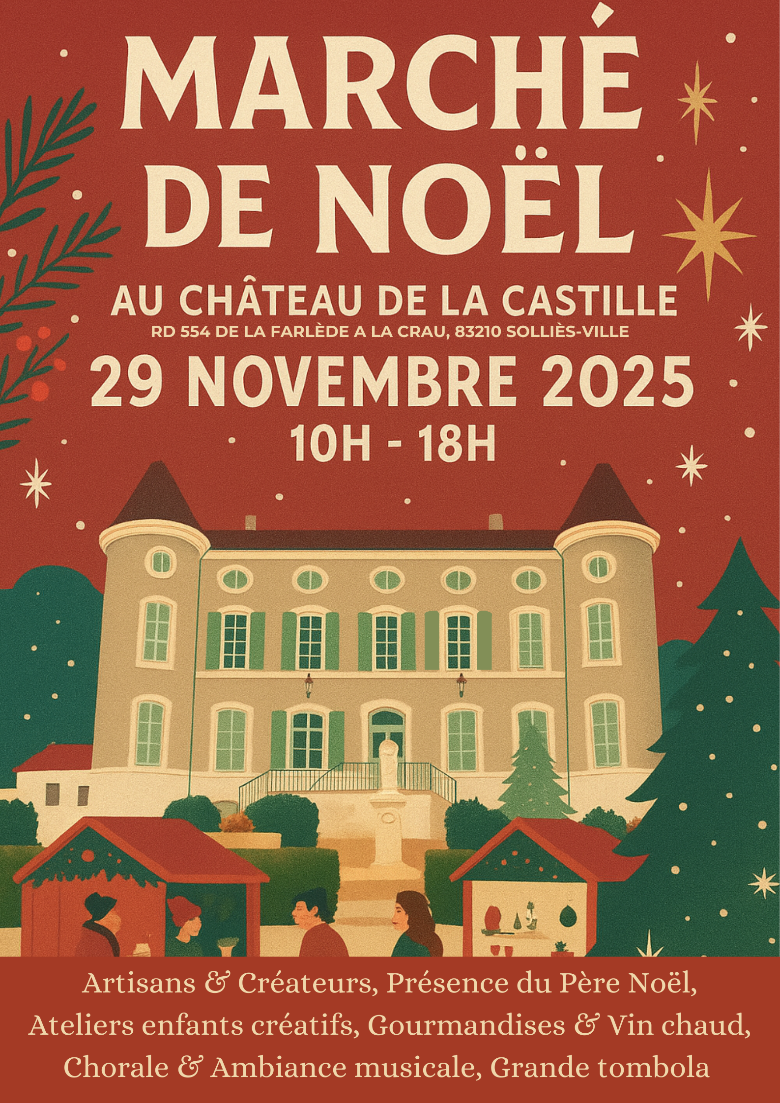 Artisans & créateurs, Présence du Père Noël (14h–17h), Ateliers enfants créatifs, Gourmandises & vin chaud, chorale & ambiance musicale, Grande tombola à 17h-2